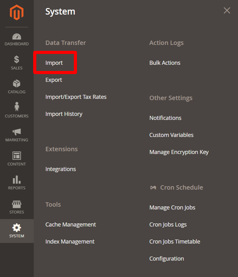 How to import products in Magento 2: System > Import